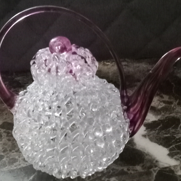 Set Of 3 Hand spun glass coffee pot w a purple accent with two candlesticks - Picture 3 of 13